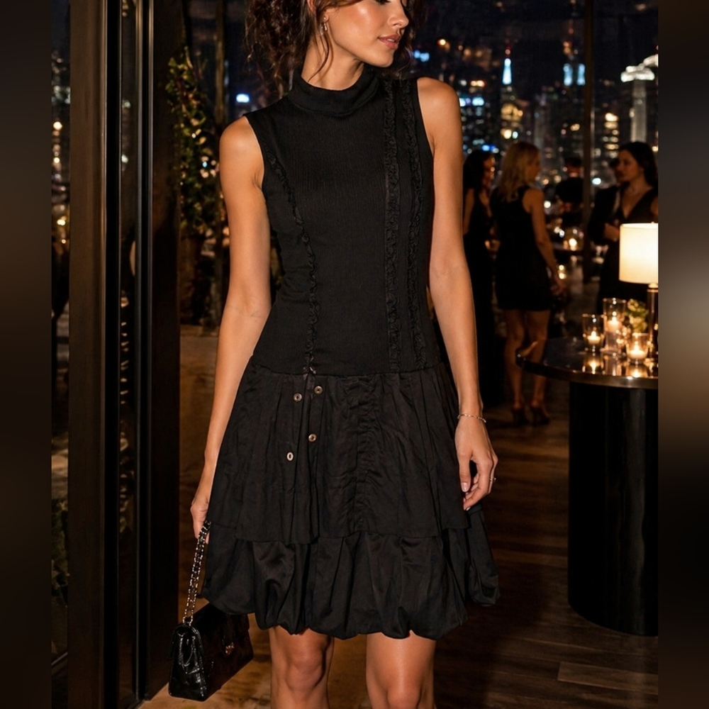 Boo Radley Black Sleeveless Dress XS Dark Romantic Gothic Ruffle Hem High Neck